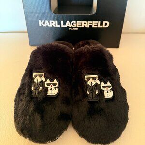 NIB Karl Lagerfeld Paris Jacqui BLACK FAUX FUR slippers Karl and cat 9